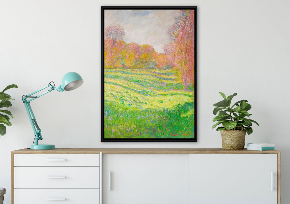Claude Monet - Wiese in Giverny auf Leinwandbild gerahmt verschiedene Größen im Wohnzimmer