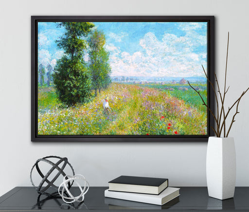 Claude Monet - Wiese mit Pappeln auf Leinwandbild gerahmt mit Kirschblüten