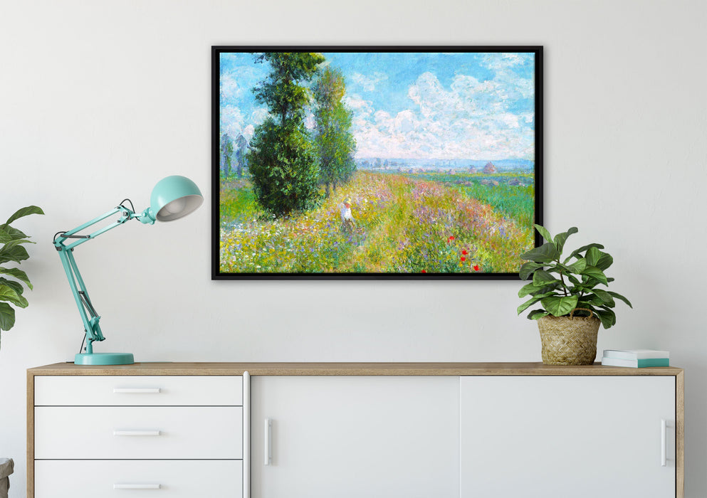 Claude Monet - Wiese mit Pappeln auf Leinwandbild gerahmt verschiedene Größen im Wohnzimmer