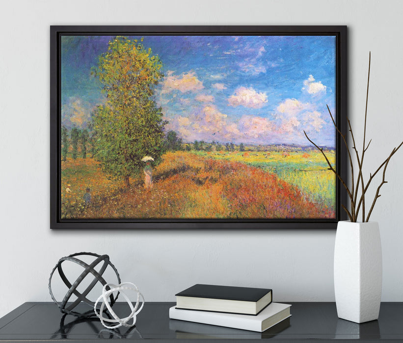 Claude Monet - Mohnfeld im Sommer auf Leinwandbild gerahmt mit Kirschblüten