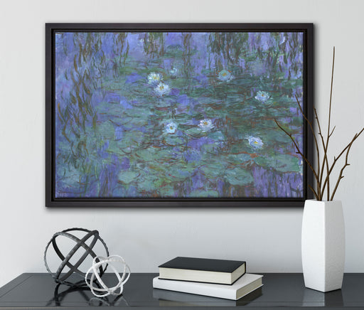 Claude Monet - Seerosen auf blaues Wasser  auf Leinwandbild gerahmt mit Kirschblüten