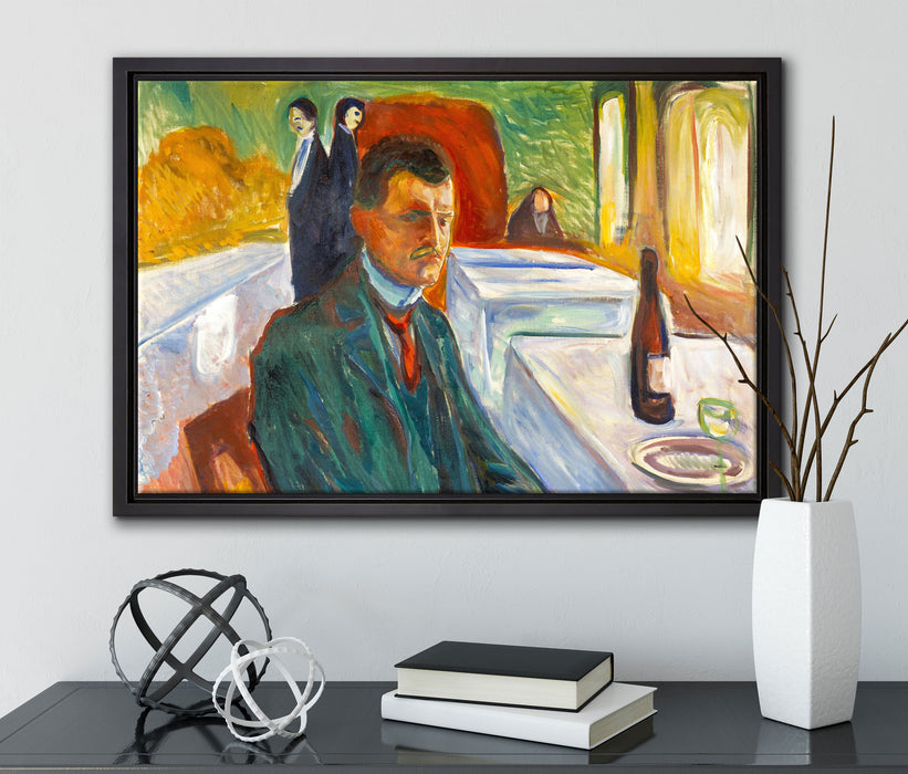 Edvard Munch - Selbstpotrait mit einer Flasche Wein  auf Leinwandbild gerahmt mit Kirschblüten