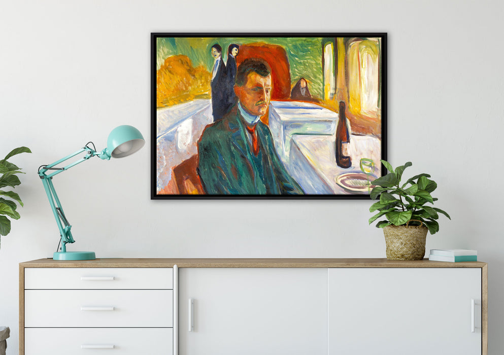 Edvard Munch - Selbstpotrait mit einer Flasche Wein  auf Leinwandbild gerahmt verschiedene Größen im Wohnzimmer