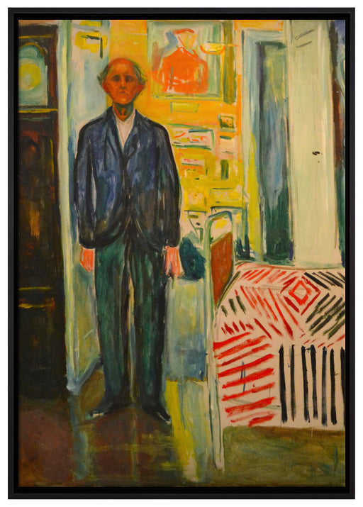 Edvard Munch - Selbstbildnis zwischen Uhr und Bett  auf Leinwandbild gerahmt Größe 100x70