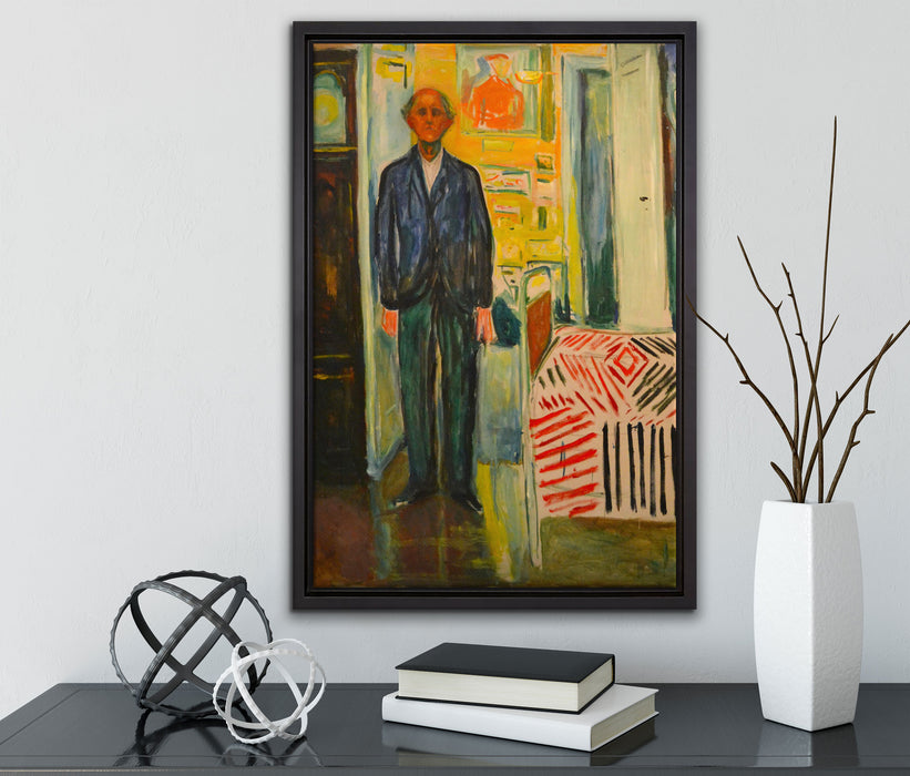 Edvard Munch - Selbstbildnis zwischen Uhr und Bett  auf Leinwandbild gerahmt mit Kirschblüten