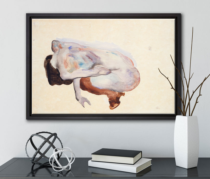 Egon Schiele - Hockende Frau in Stöckeln und schwarzen auf Leinwandbild gerahmt mit Kirschblüten