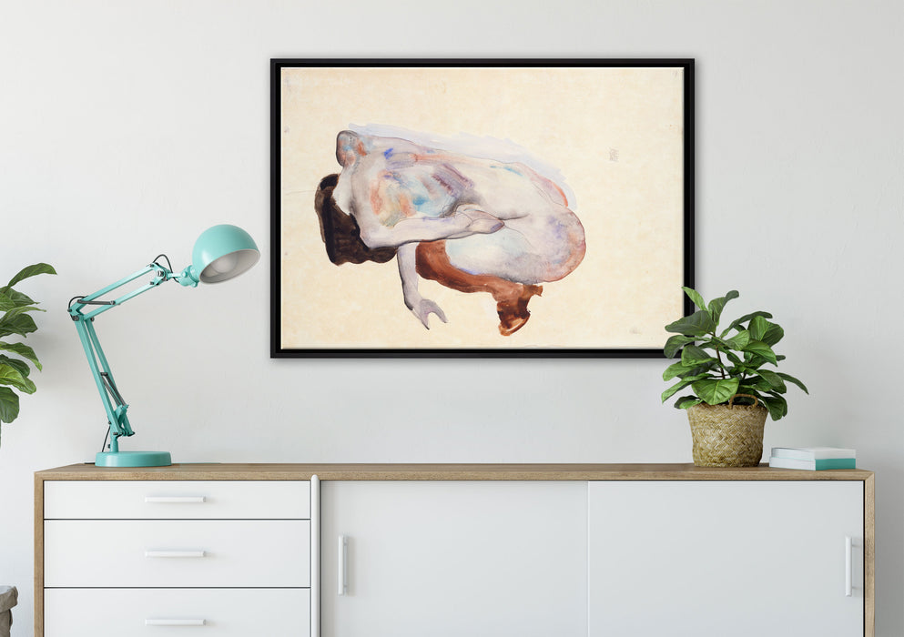 Egon Schiele - Hockende Frau in Stöckeln und schwarzen auf Leinwandbild gerahmt verschiedene Größen im Wohnzimmer