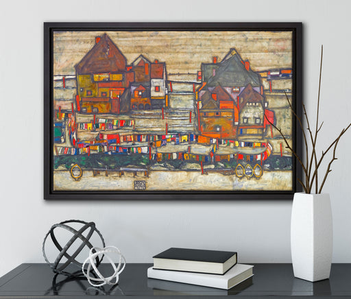 Egon Schiele - Häuser mit bunter Wäsche  auf Leinwandbild gerahmt mit Kirschblüten