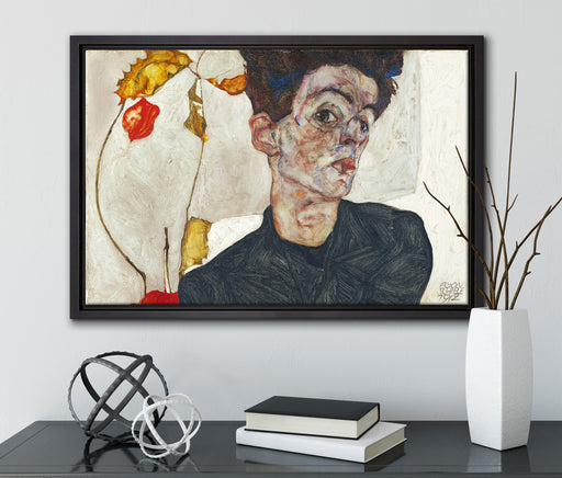 Egon Schiele - Selbstportrait mit Physalis auf Leinwandbild gerahmt mit Kirschblüten