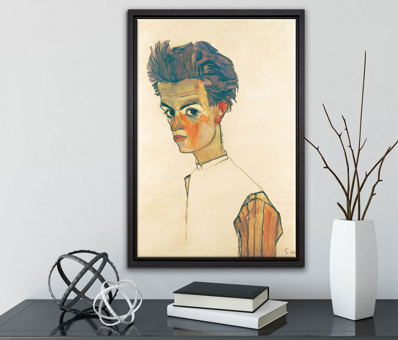 Egon Schiele - Selbstportrait  auf Leinwandbild gerahmt mit Kirschblüten