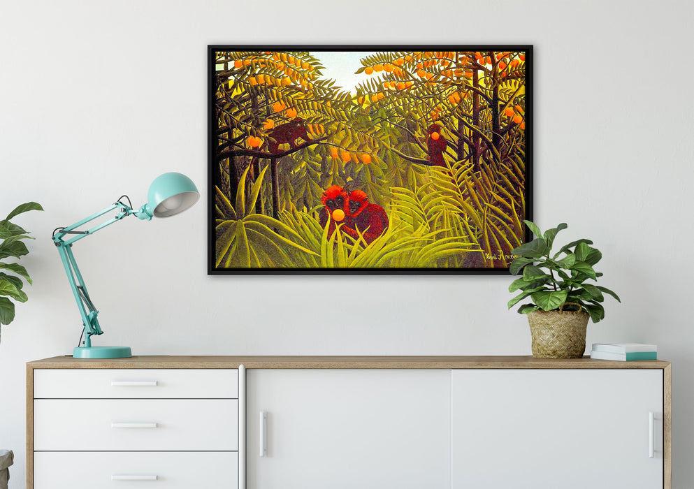 Henri Rousseau - Affen in den Orangen-Bäumen auf Leinwandbild gerahmt verschiedene Größen im Wohnzimmer
