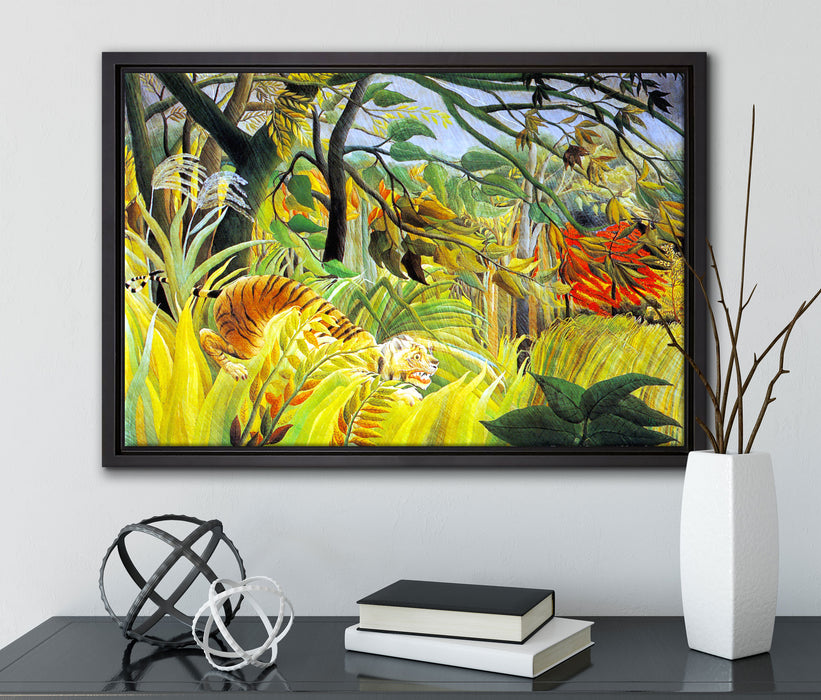 Henri Rousseau - Tiger vom tropischen Sturm überrascht auf Leinwandbild gerahmt mit Kirschblüten