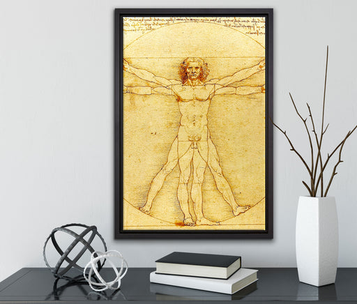 Leonardo da Vinci - Vitruvianischer Mensch auf Leinwandbild gerahmt mit Kirschblüten