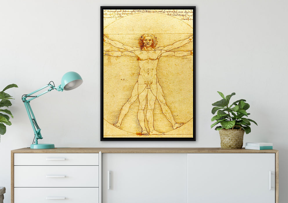 Leonardo da Vinci - Vitruvianischer Mensch auf Leinwandbild gerahmt verschiedene Größen im Wohnzimmer