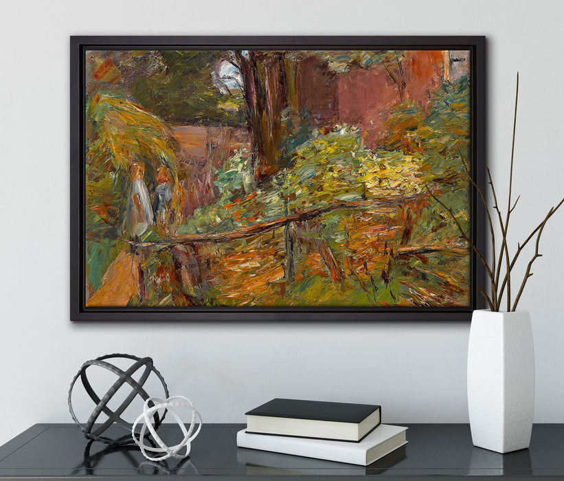 Max Liebermann - Garten mit zwei Kindern auf Leinwandbild gerahmt mit Kirschblüten