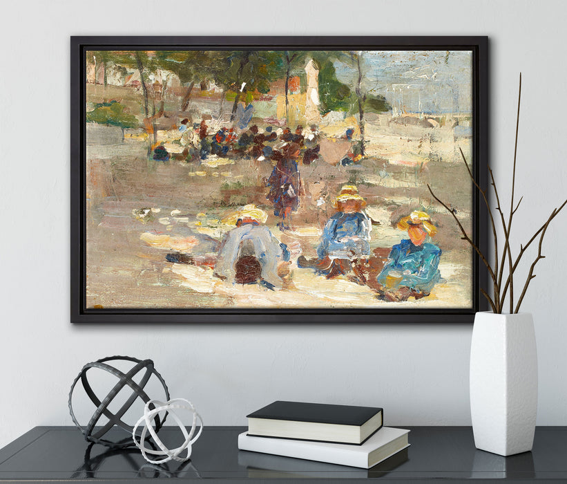 Max Liebermann - Picknick im Park auf Leinwandbild gerahmt mit Kirschblüten