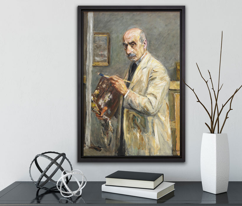 Max Liebermann - Selbstportrait mit Pinsel  auf Leinwandbild gerahmt mit Kirschblüten