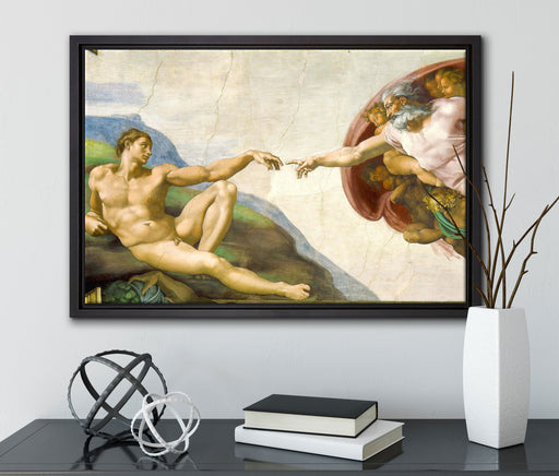 Michelangelo - Die Erschaffung Adams auf Leinwandbild gerahmt mit Kirschblüten