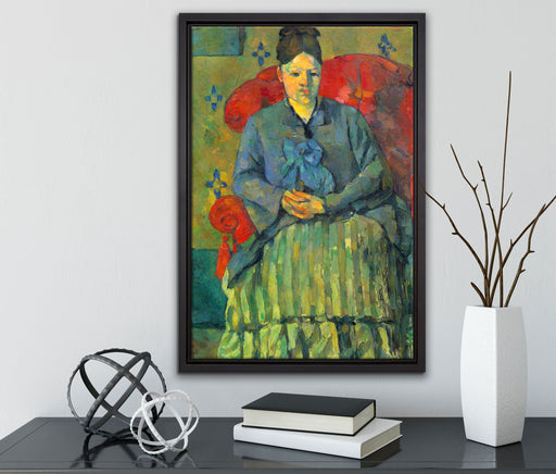 Paul Cézanne - Porträt der Mme Cézanne in rotem Lehnst auf Leinwandbild gerahmt mit Kirschblüten
