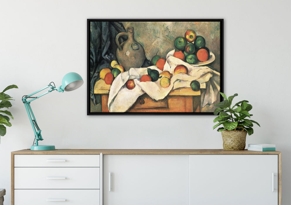Paul Cézanne - Stillleben mit Vorhang Krug und Obstsc auf Leinwandbild gerahmt verschiedene Größen im Wohnzimmer