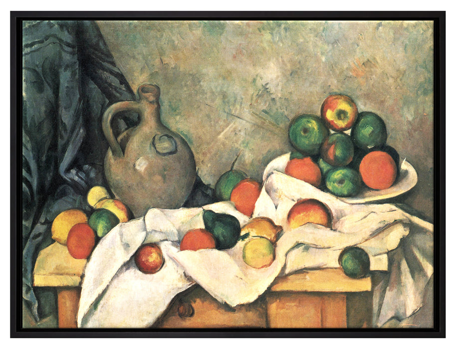 Paul Cézanne - Stillleben mit Vorhang Krug und Obstsc  auf Leinwandbild gerahmt Größe 80x60