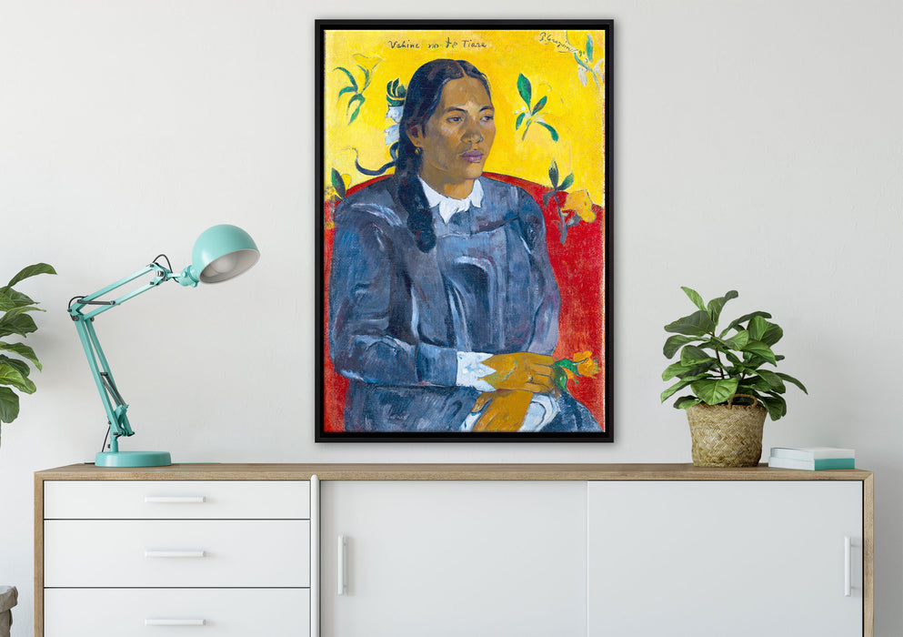 Paul Gauguin - Frau mit Blume  auf Leinwandbild gerahmt verschiedene Größen im Wohnzimmer