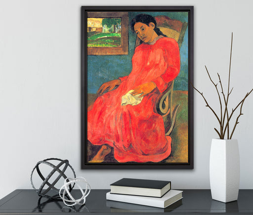 Paul Gauguin - Frau im rotem Kleid  auf Leinwandbild gerahmt mit Kirschblüten
