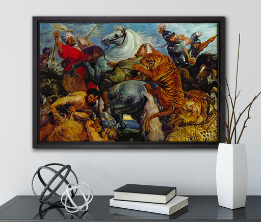 Peter Paul Rubens - Tiger- und Löwenjagd  auf Leinwandbild gerahmt mit Kirschblüten