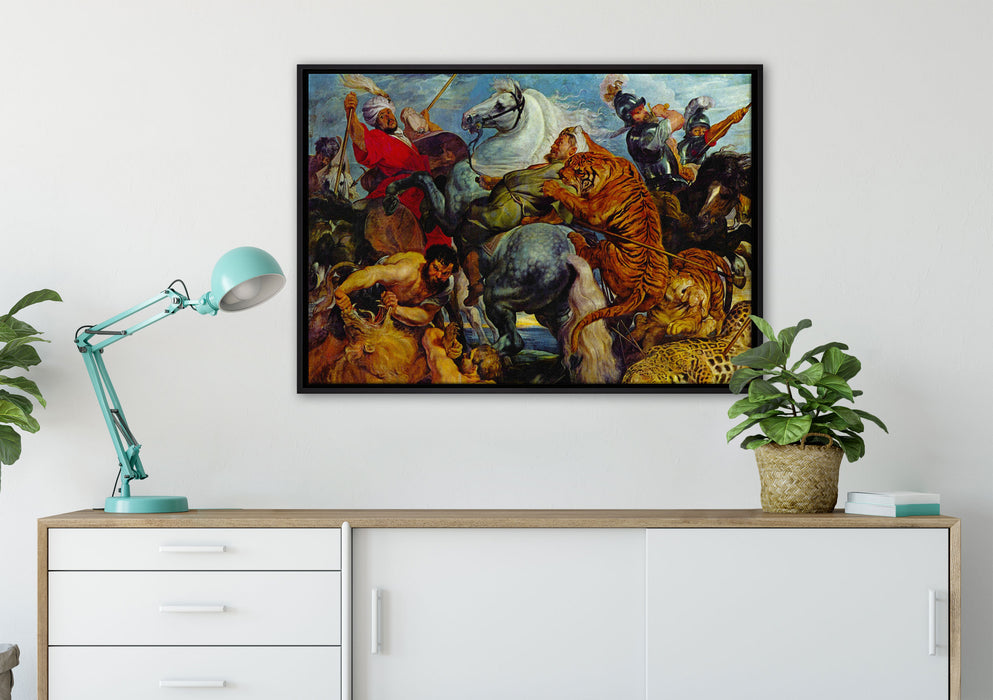 Peter Paul Rubens - Tiger- und Löwenjagd  auf Leinwandbild gerahmt verschiedene Größen im Wohnzimmer