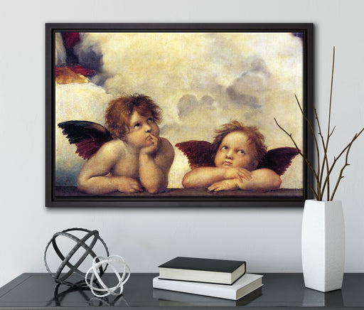 Raffael - Sixtinische Madonna zwei Engel auf Leinwandbild gerahmt mit Kirschblüten