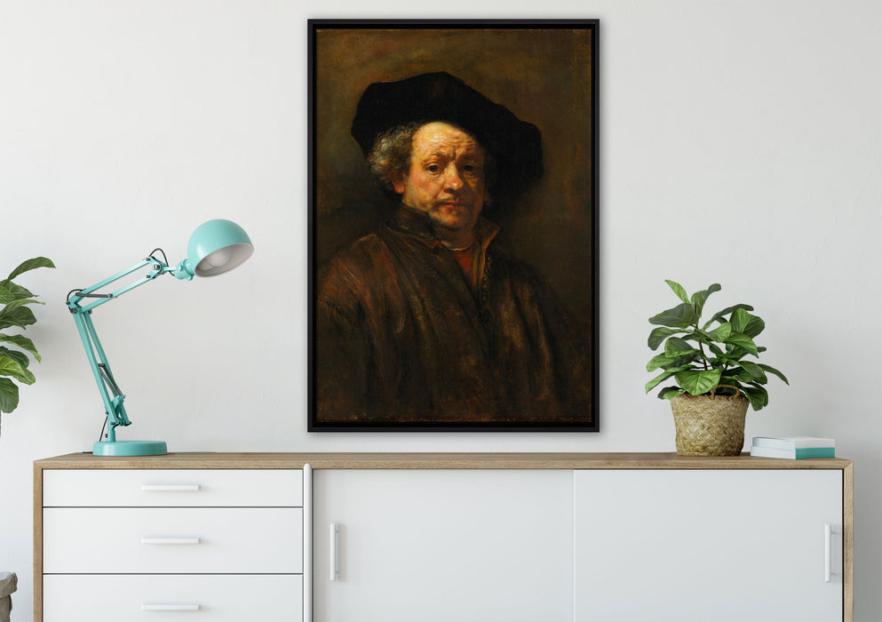 Rembrandt van Rijn - Selbstportrait II auf Leinwandbild gerahmt verschiedene Größen im Wohnzimmer