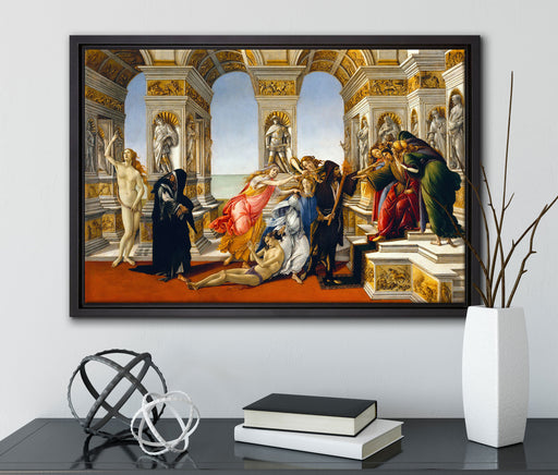 Sandro Botticelli - Die Verleumdung des Apelles  auf Leinwandbild gerahmt mit Kirschblüten
