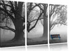 Einsame Bank im Nebel Leinwandbild 3 Teilig