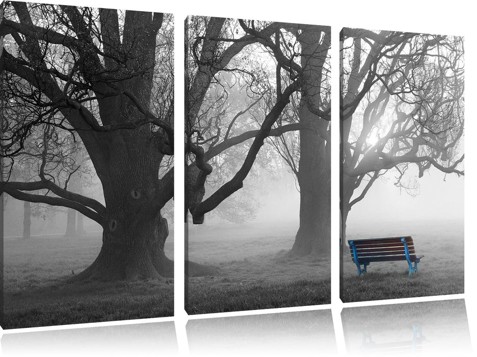 Einsame Bank im Nebel Leinwandbild 3 Teilig