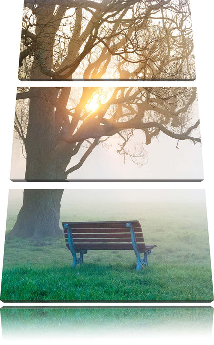 Baum und Bank im Nebel Leinwandbild 3 Teilig