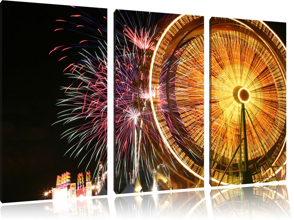 Jahrmarkt mit Feuerwerk Leinwandbild 3 Teilig