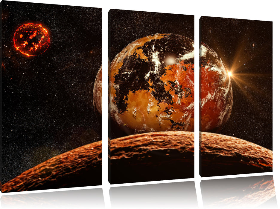 Rote Planeten in der Galaxie Leinwandbild 3 Teilig