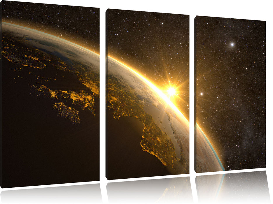 Die Sonne und Erde im Weltall Leinwandbild 3 Teilig