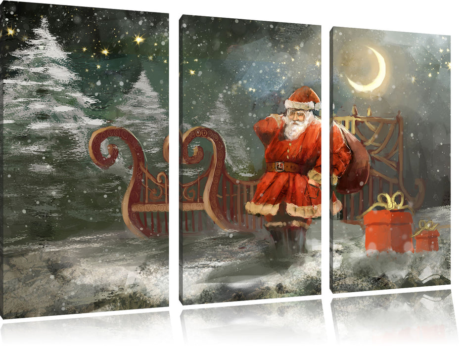 Weihnachtsmann mit Geschenken Leinwandbild 3 Teilig