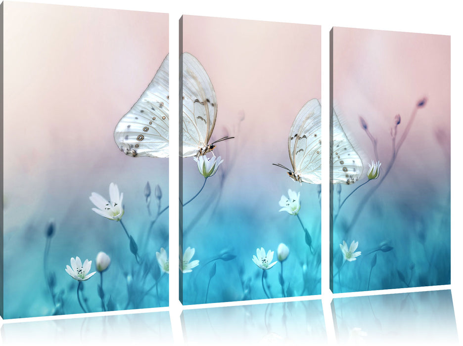 Schmetterling auf kleinen Blumen Leinwandbild 3 Teilig