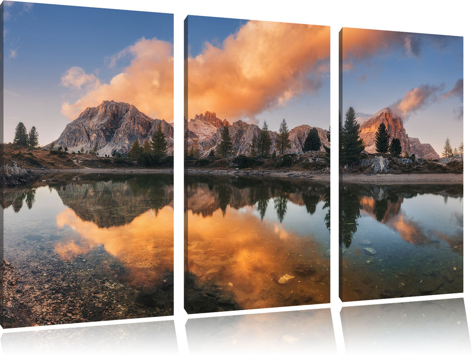 bunte Dolomiten am See Limides Leinwandbild 3 Teilig