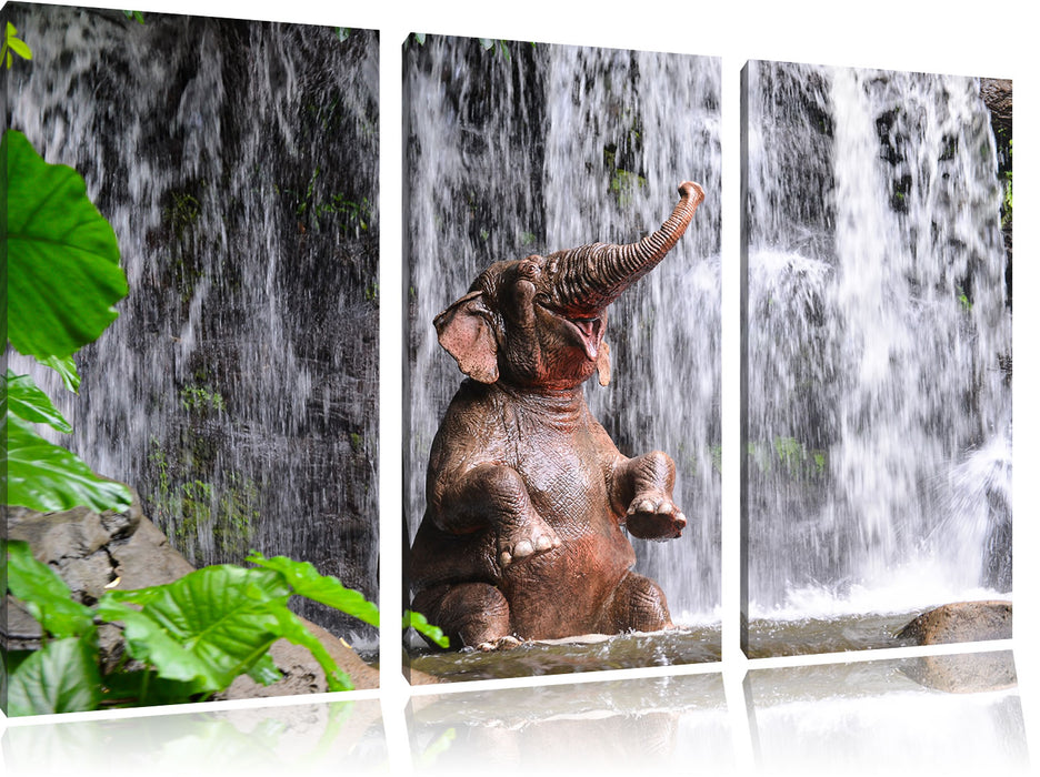 Babyelefant am Wasserfall Leinwandbild 3 Teilig