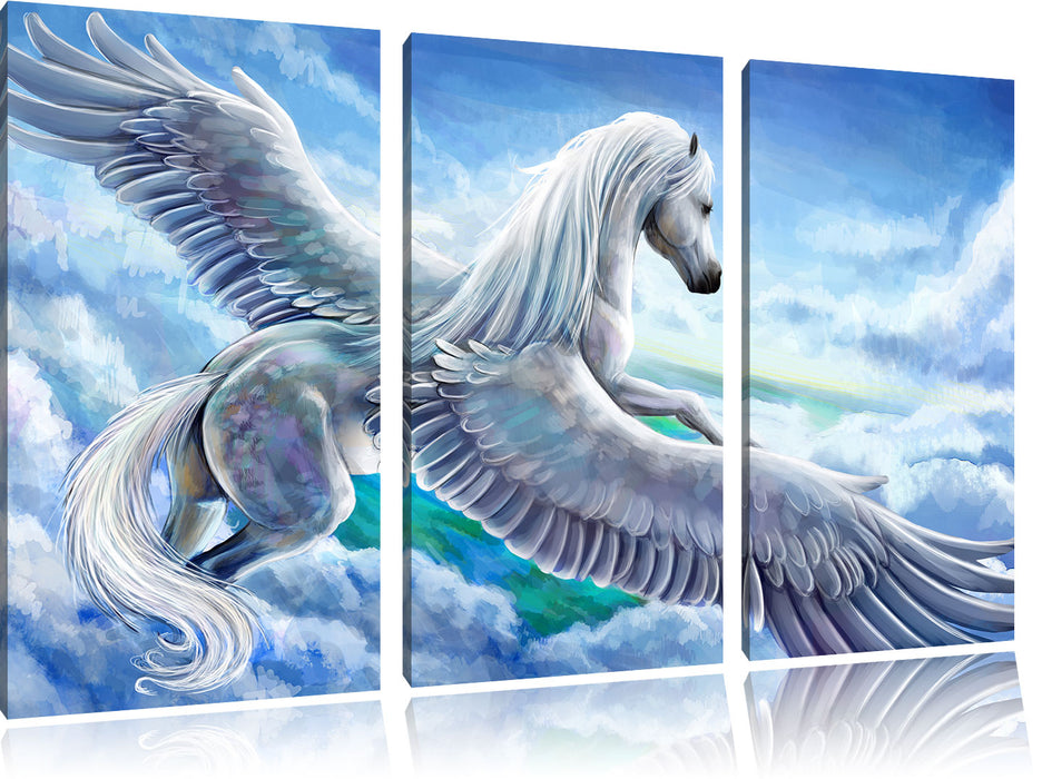 Pegasus fliegt über den Wolken Leinwandbild 3 Teilig