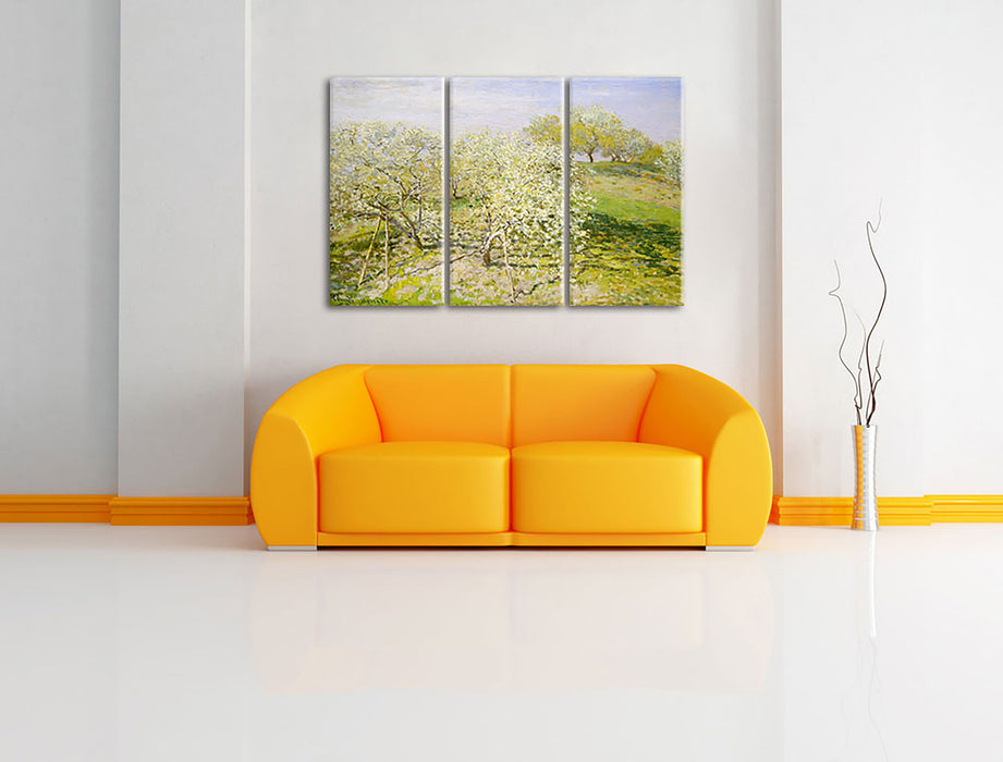 Claude Monet - Frühling Apfelbäume in der Blüte Leinwandbild im Wohnzimmer 3Teilig