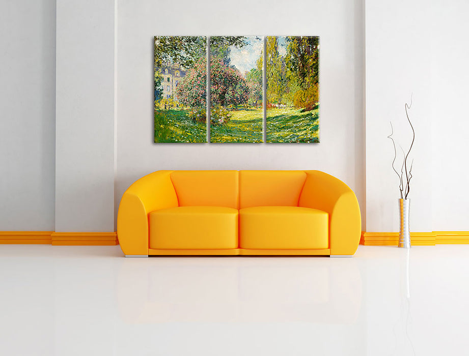 Claude Monet - Landschaft am Park Monceau Leinwandbild im Wohnzimmer 3Teilig