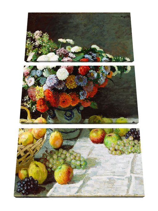Claude Monet - Stillleben mit Blumen und Früchten Leinwanbild 3Teilig