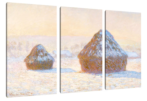 Claude Monet - Heuschober am Morgen Schneeeffekt Leinwanbild 3Teilig