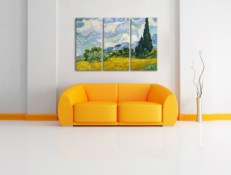 Vincent Van Gogh - Weizenfeld mit Zypressen Leinwandbild im Wohnzimmer 3Teilig