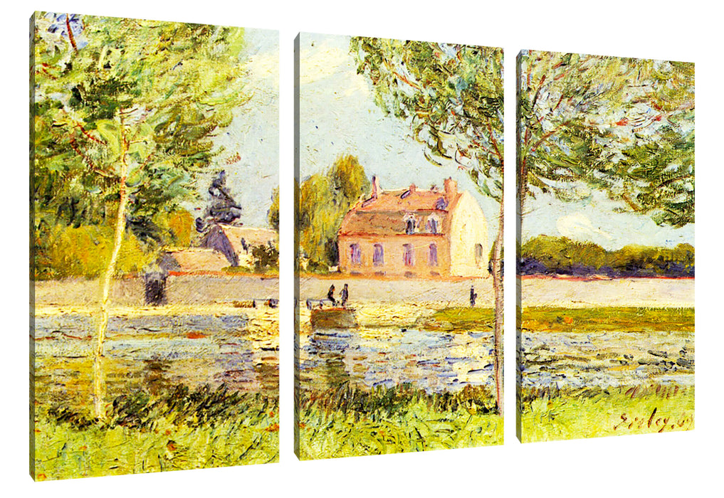 Alfred Sisley - Häuser am Ufer der Loing  Leinwanbild 3Teilig