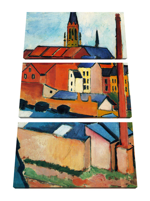 August Macke - Marienkirche mit Häusern und Schornstein Leinwanbild 3Teilig